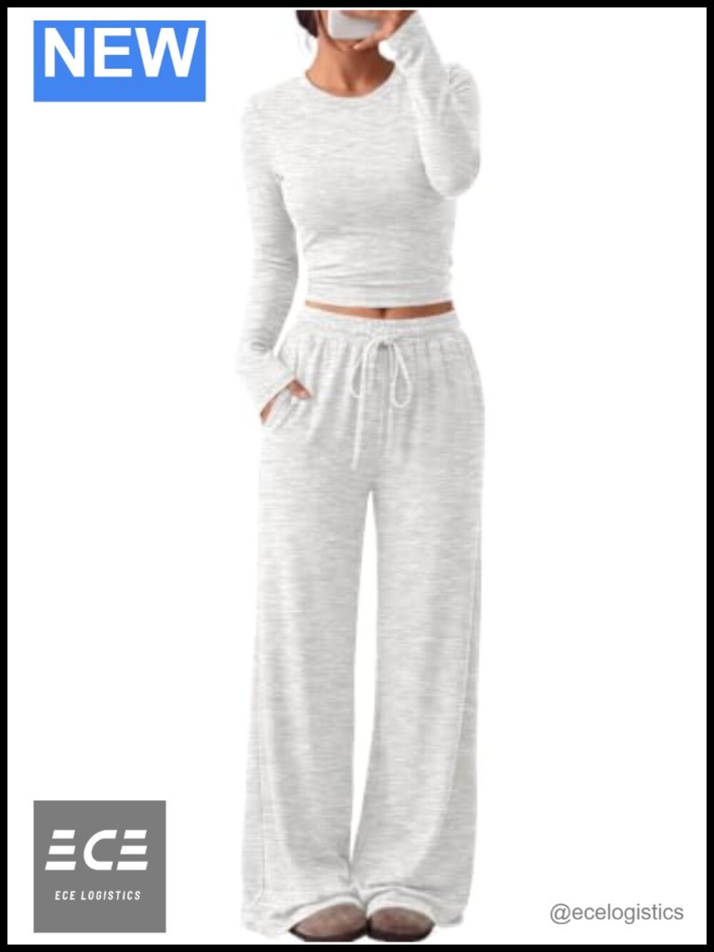 2 Piece Lounge Set Long Sleeve Ruch Crop Top Wide Leg Pants with Pockets